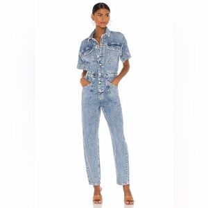 Like New WE THE FREE Marci Denim Jumpsuit Sz L FREE PEOPLE $128 Powder Blue Wash